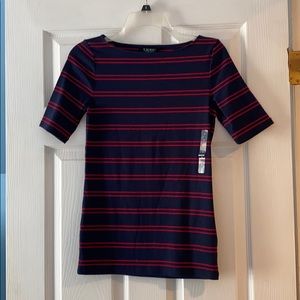 Navy blue and red striped boat neck top